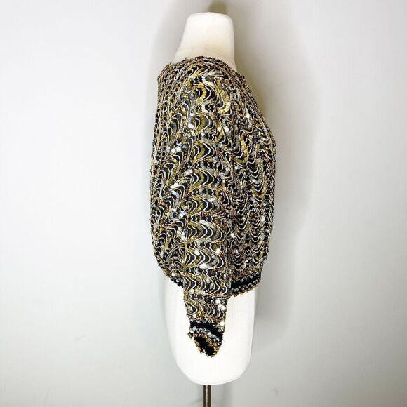 Vintage 80s Three Flaggs XS Sequin Top Black Gold Flashy Dolman Blouse Stretch - Picture 14 of 16